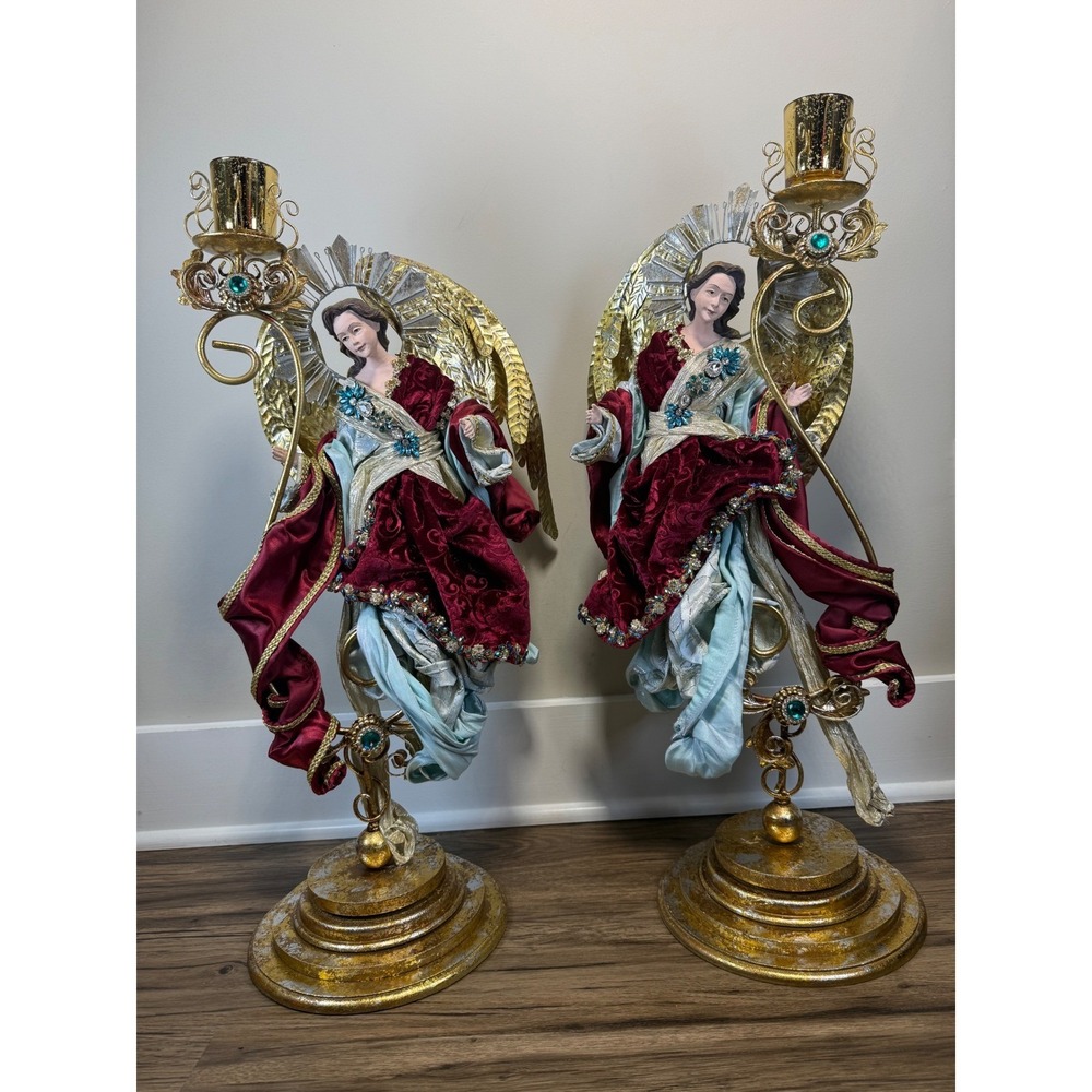 Mark Roberts Angel Candle Holders 2 Large 26in Gold Burgundy Jeweled 2023 Collec